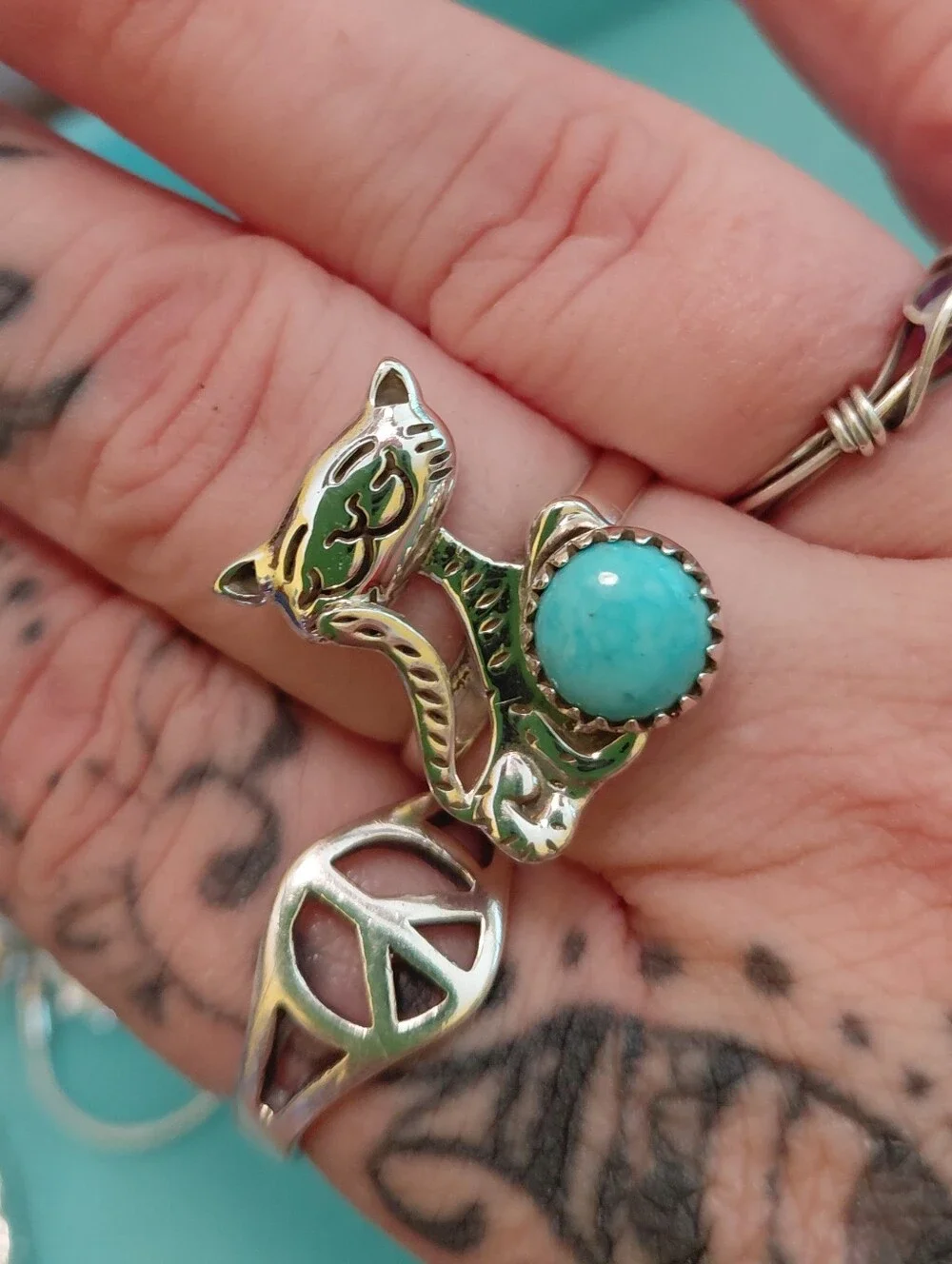 Silver Cat Ring with Turquoise Stone